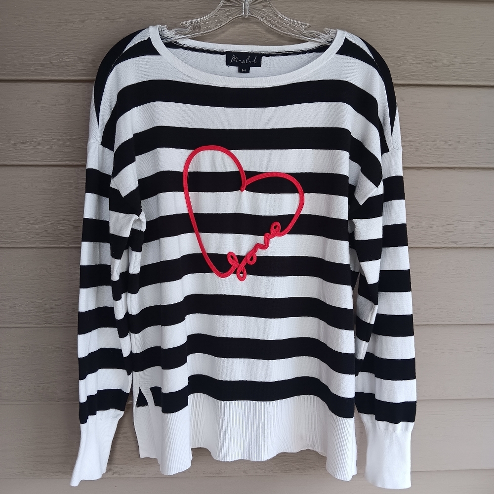 Marled Love Red Heart Black & White Striped Sweater.  Size Medium